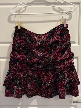 SO Velvet Floral Ruffle Mini Skirt XL Ruched Cottagecore